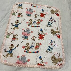 Vintage Quilted Whimsical Circus Animal Themed Baby Throw Blanket White & Pink